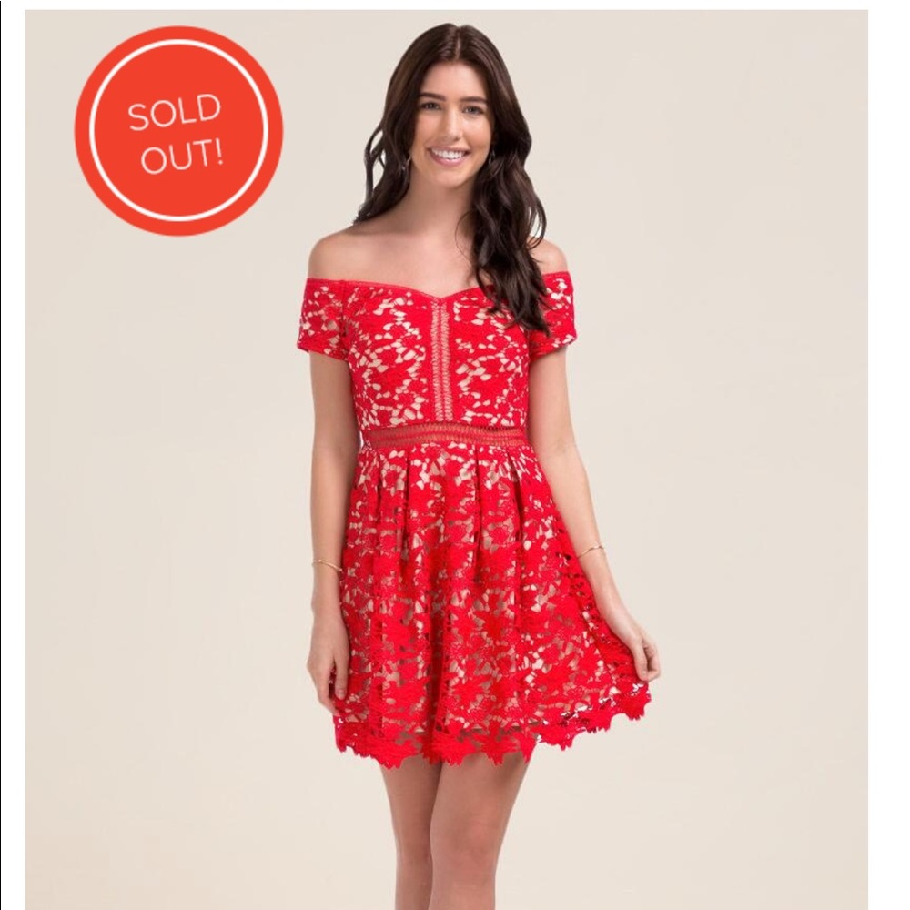 “Beverly” Red Lace Off the Shoulder Dress
